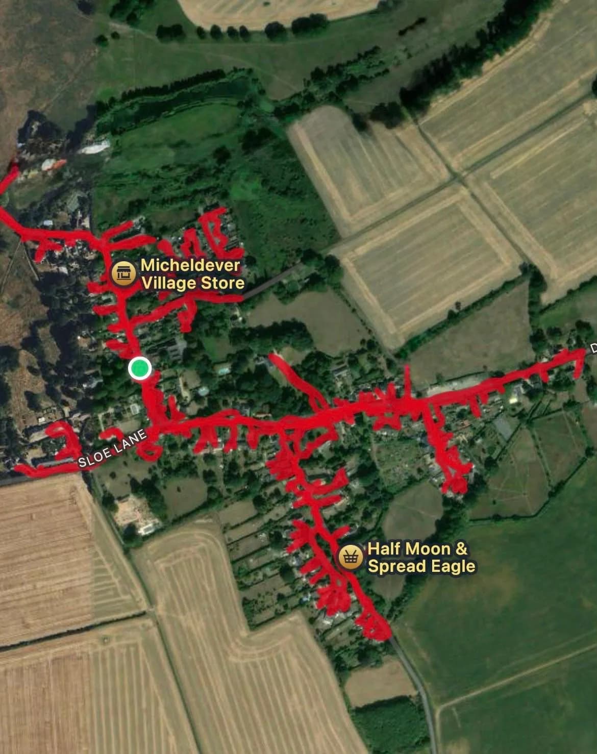 Aerial GPS-recorded route map showing a leaflet round through Sloe Lane, past Micheldever Village Store