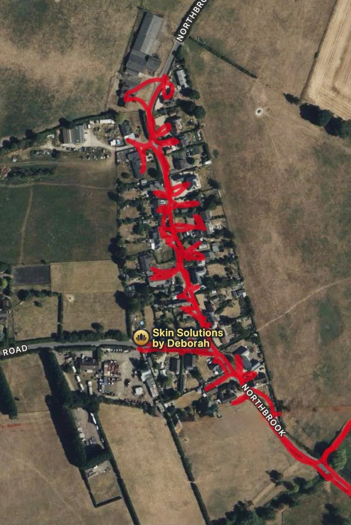 Aerial GPS-recorded route map showing a leaflet round along Northbrook in Micheldever