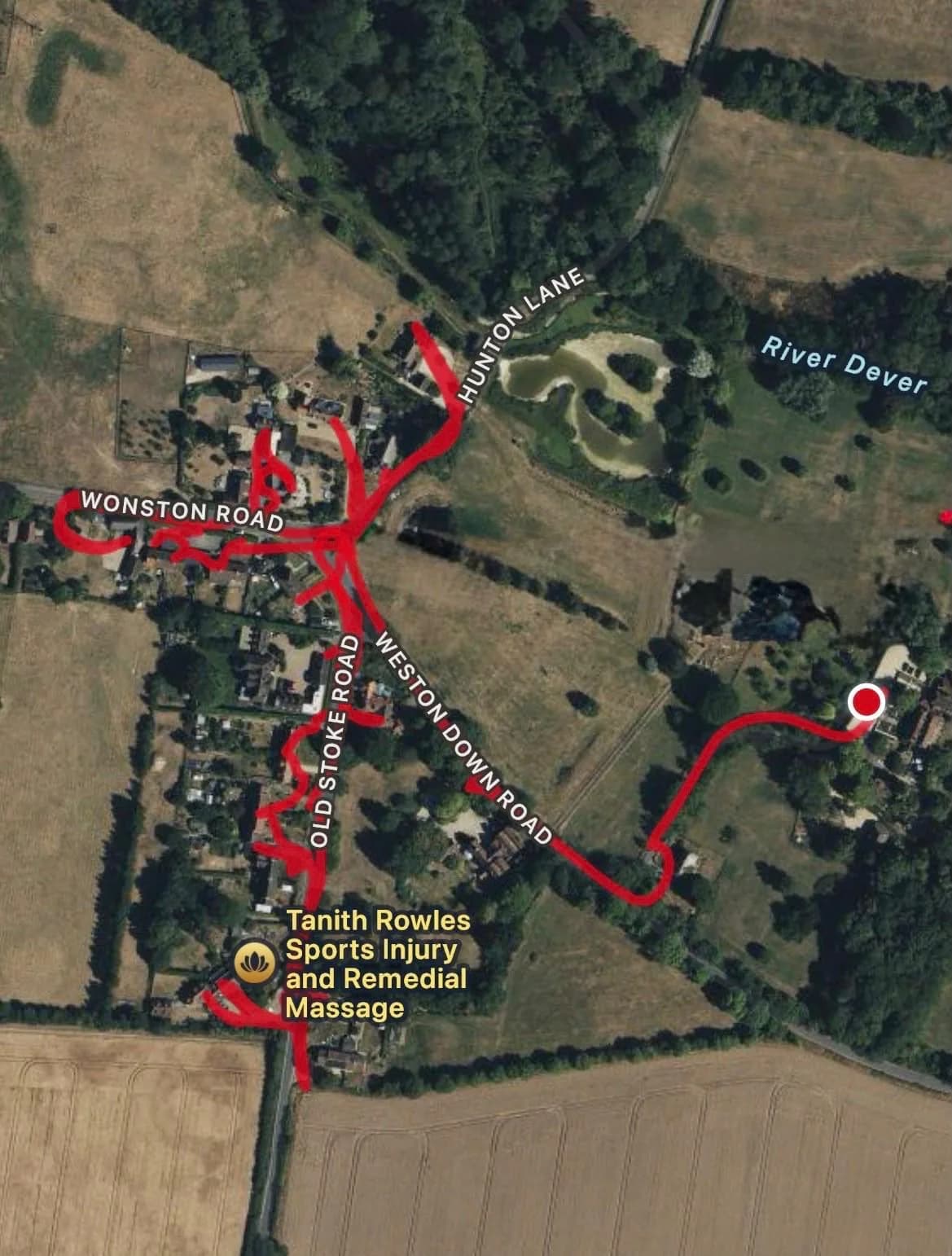 Aerial GPS-recorded route map showing a leaflet round through Wonston Road, Old Stoke Road and Weston Down Road near Micheldever