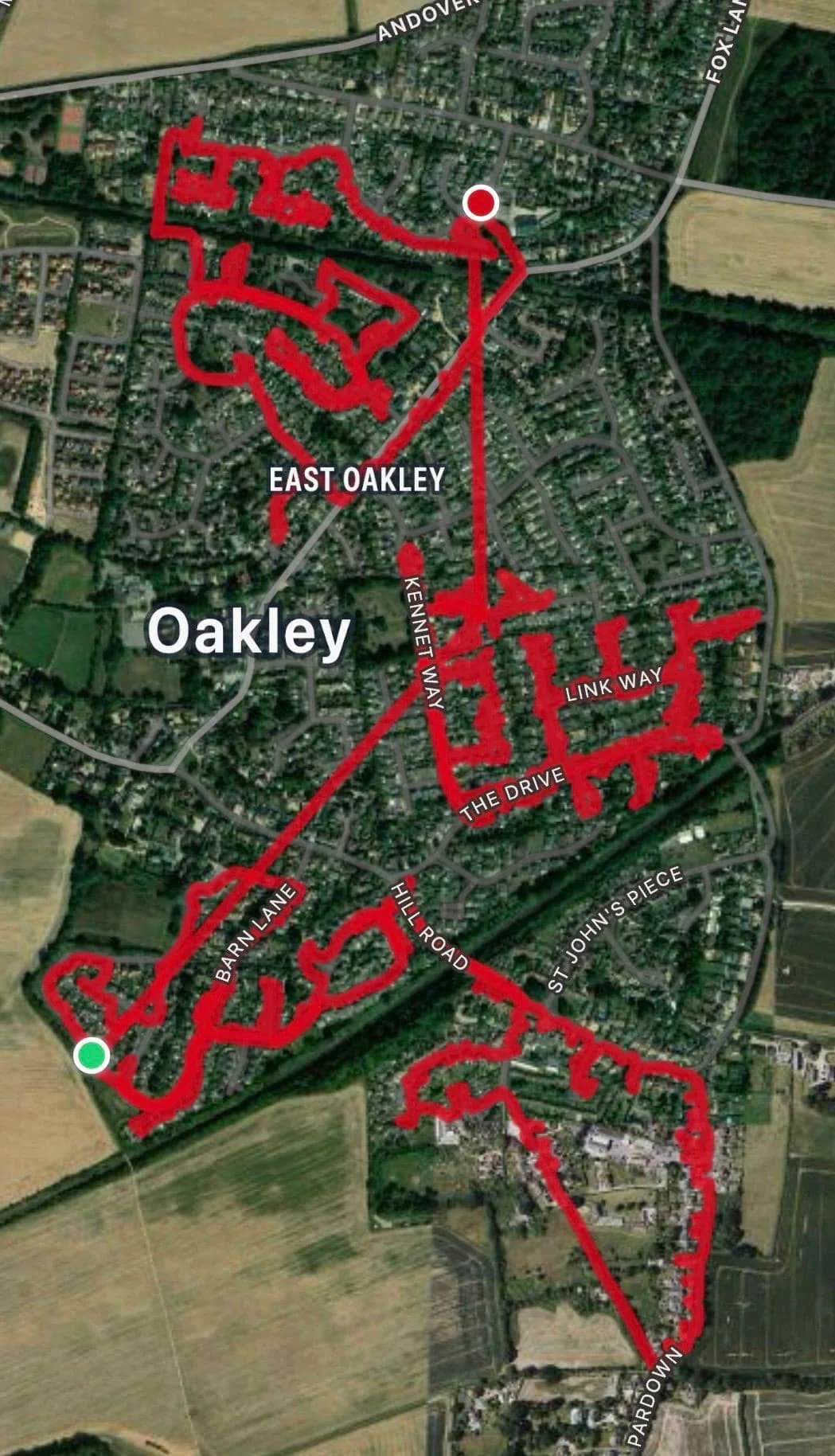 Aerial GPS-recorded route map showing an extensive leaflet round covering East Oakley, Kennet Way, The Drive and Hill Road