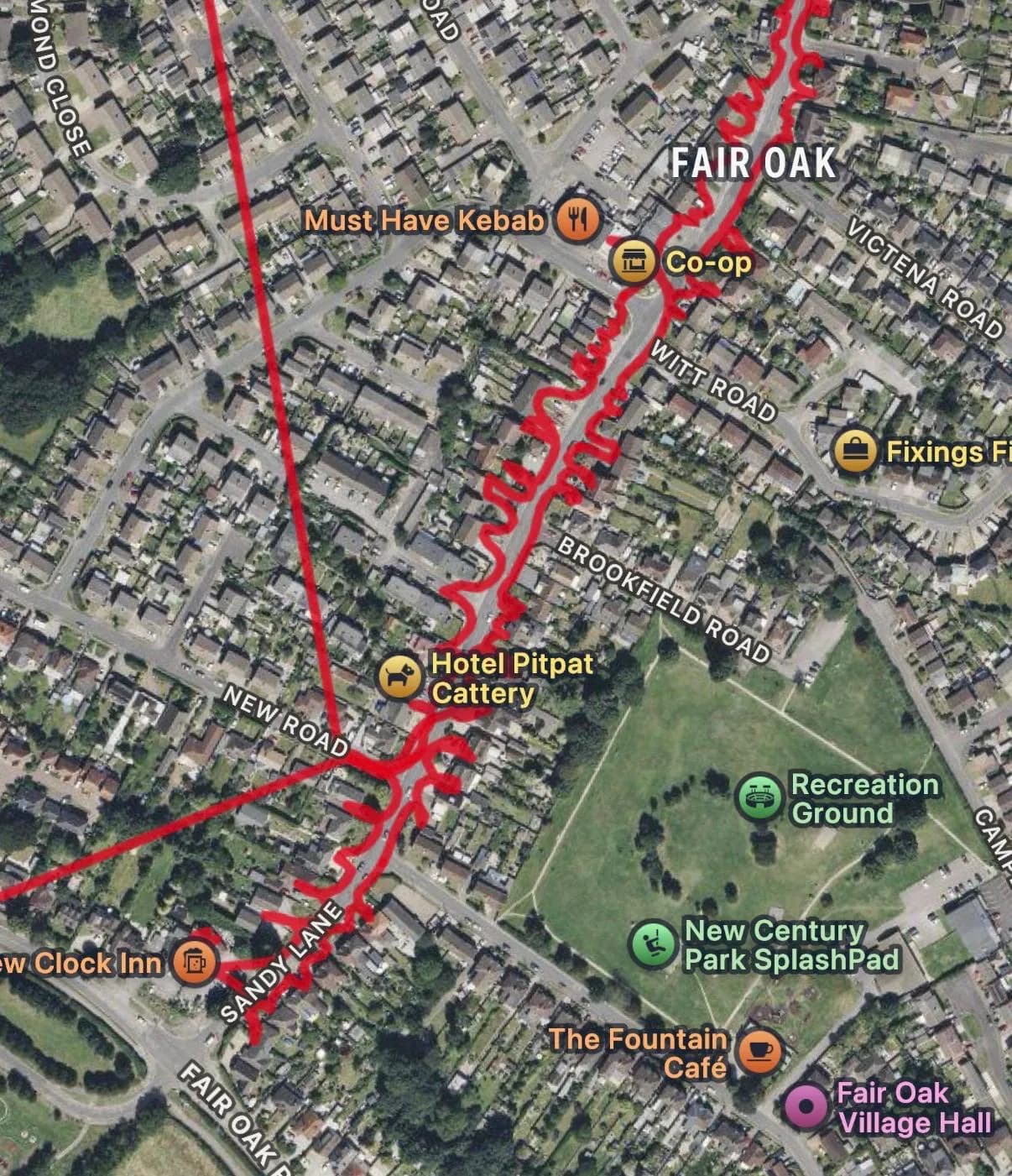 Aerial GPS-recorded route map showing a road closure notice round along Witt Road and Brookfield Road in Fair Oak