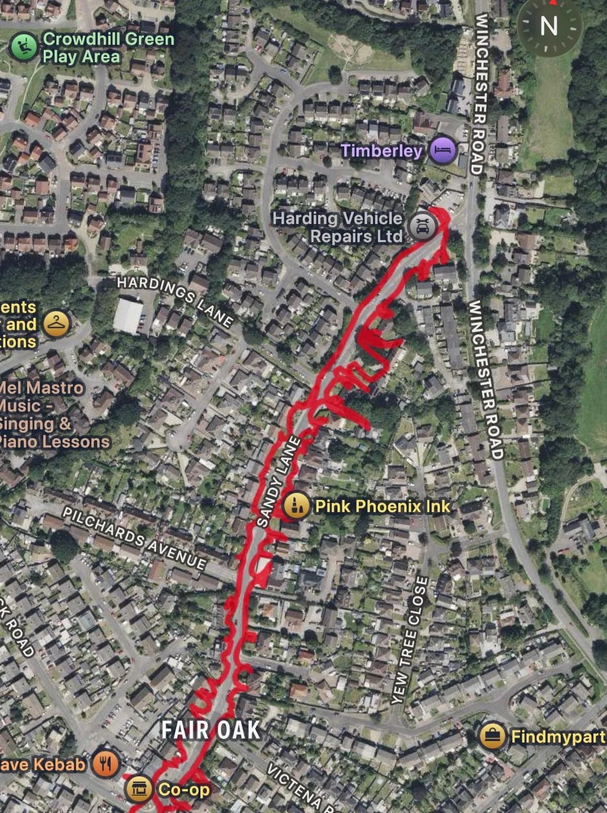 Aerial GPS-recorded route map showing a road closure notice round along Sandy Lane and Winchester Road in Fair Oak