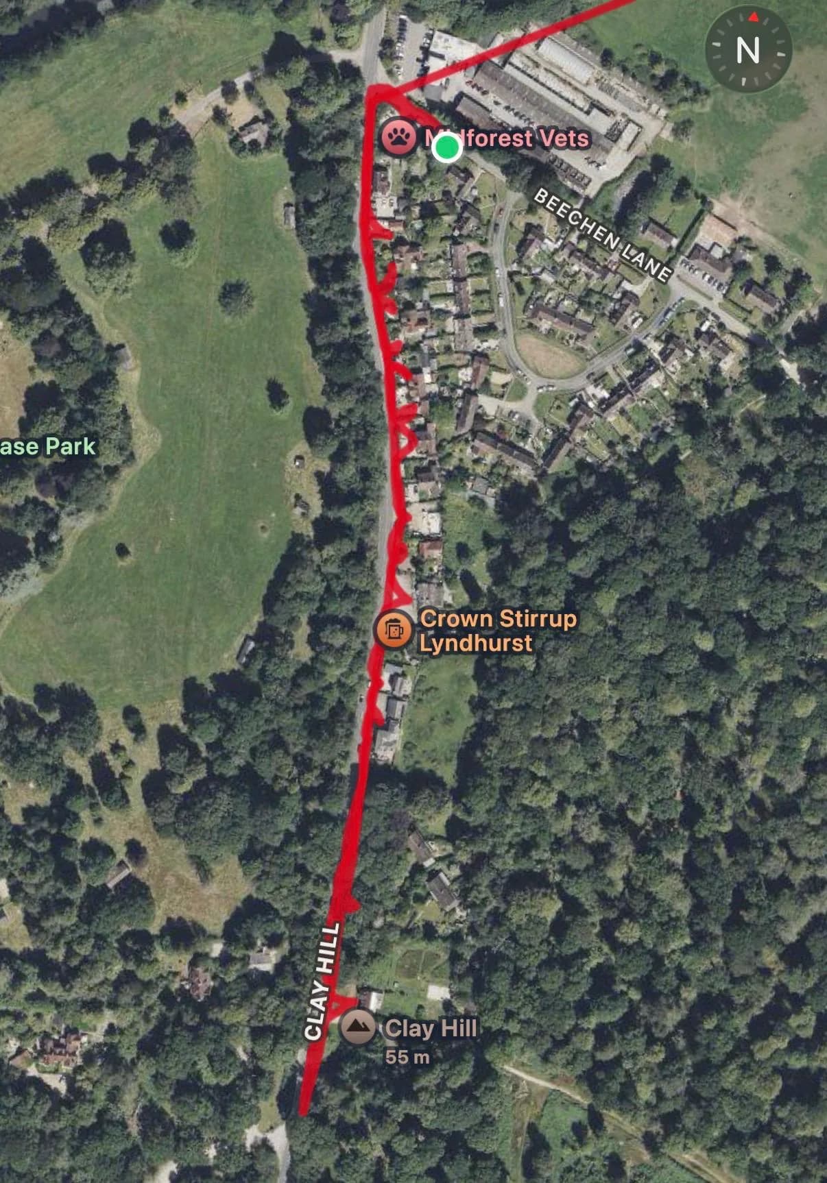 Aerial GPS-recorded route map showing a road closure notice round along Clay Hill near Lyndhurst