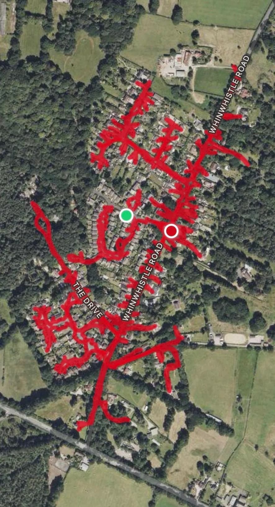 Aerial GPS-recorded route map showing a dense door-to-door leaflet round through the Whinwhistle Road and The Drive area of West Wellow