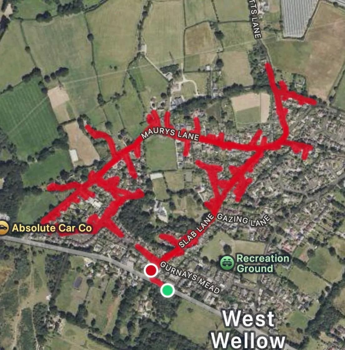 Aerial GPS-recorded route map showing a leaflet round along Maurys Lane, Slab Lane and Gazing Lane in West Wellow