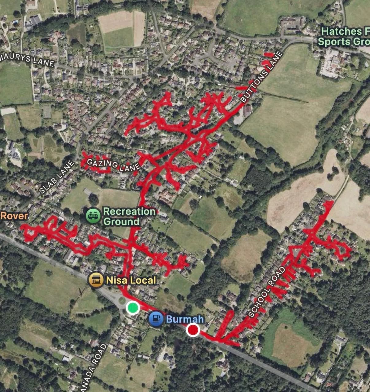 Aerial GPS-recorded route map showing a leaflet round through Buttons Lane, Gazing Lane and School Road in West Wellow